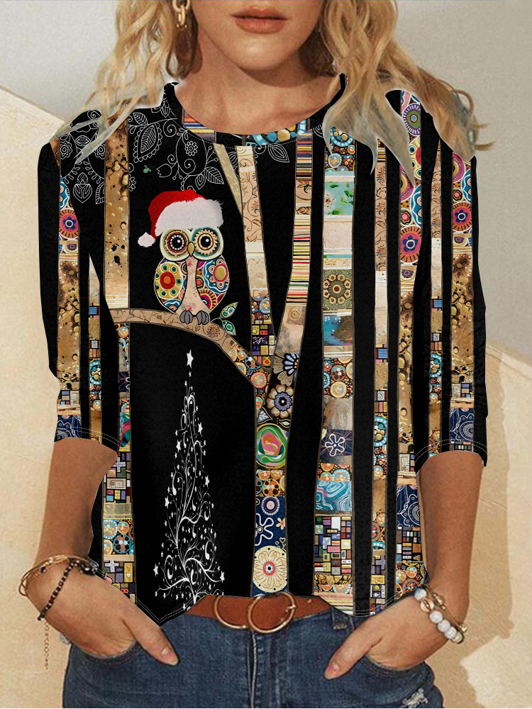 Casual Long Sleeve Crew Neck Christmas Loose Regular T-Shirt