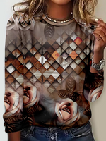 Loose Long Sleeve Crew Neck Geometric Casual Regular T-Shirt