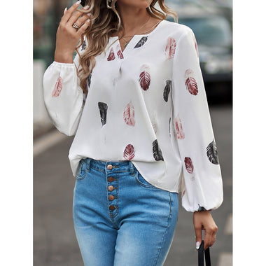Casual Long Sleeve Crew Neck Leaf Loose Regular Blouse