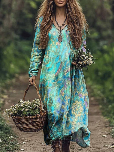 Casual Long Sleeve V Neck Ethnic Maxi Dress