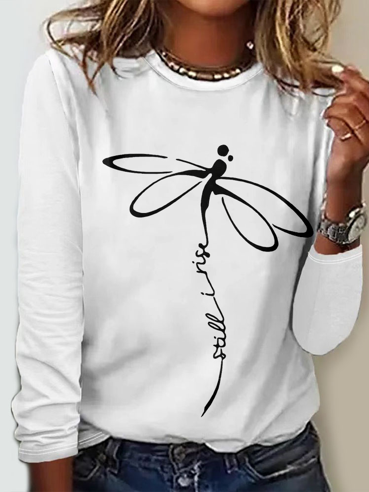 Loose Long Sleeve Crew Neck Floral Dragonfly Casual Regular T-Shirt