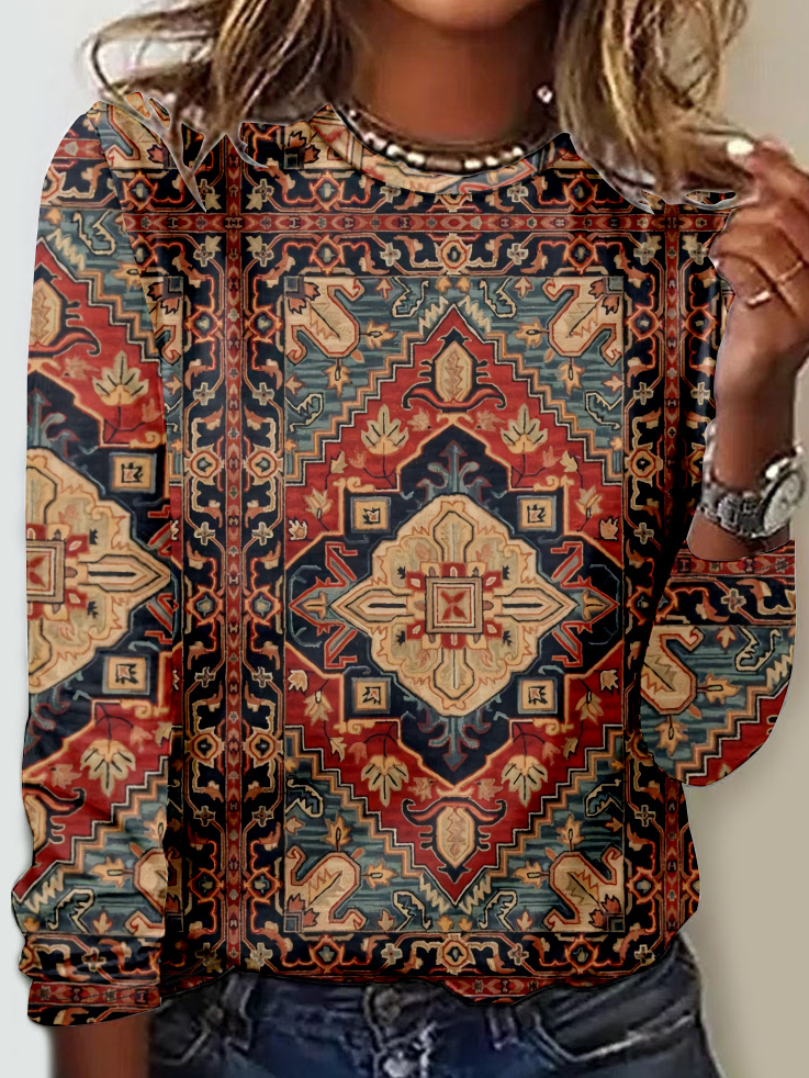Loose Long Sleeve Crew Neck Ethnic Casual Regular T-Shirt