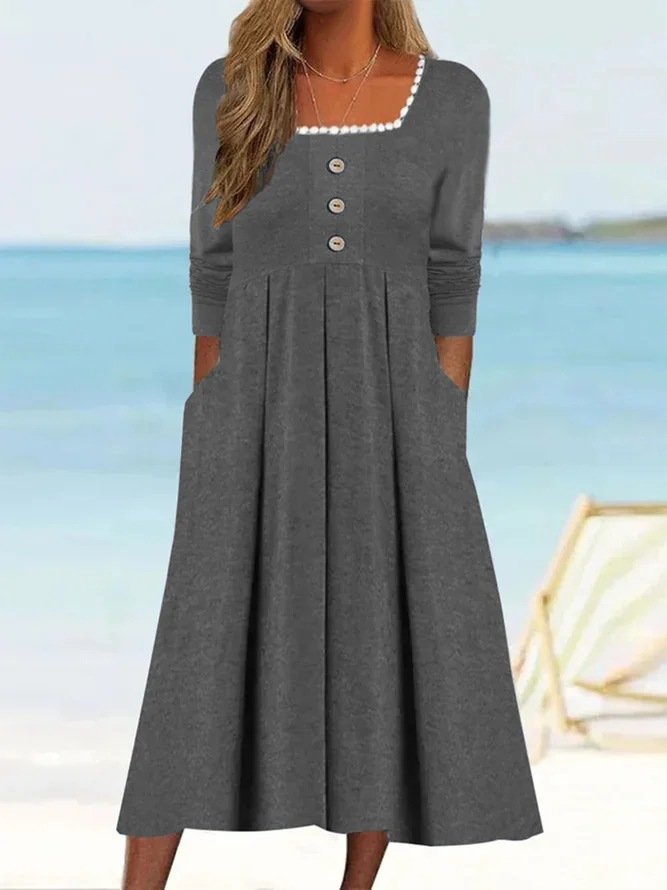 Casual Long Sleeve Square Neck Plain Maxi Dress