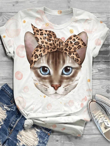 Casual Short Sleeve Crew Neck Cat Loose Regular T-Shirt