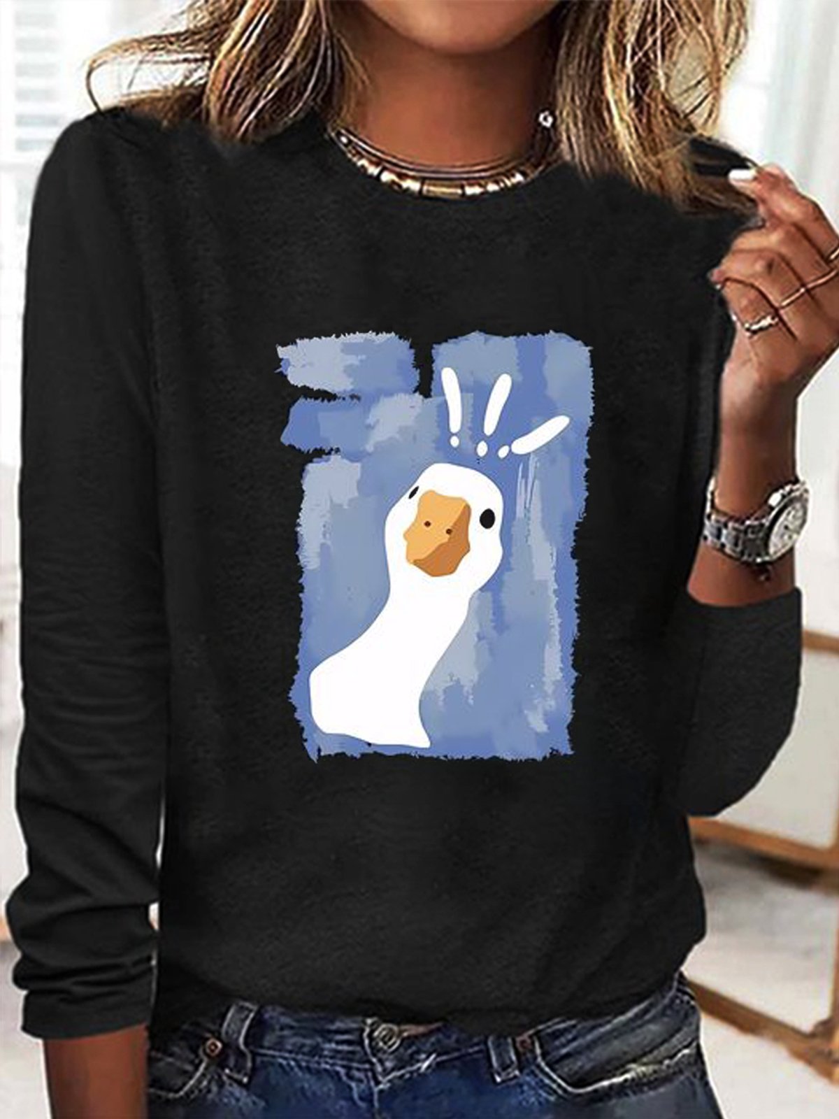 Loose Long Sleeve Crew Neck Animal Casual Regular T-Shirt