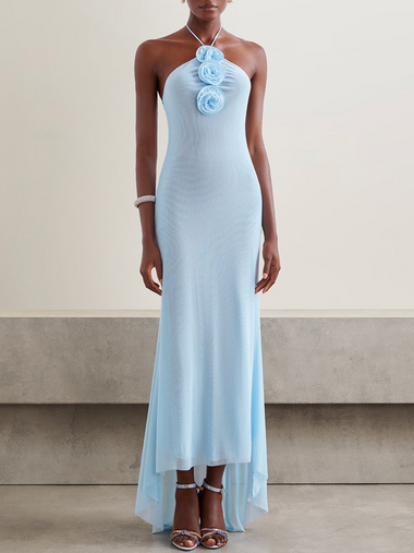Elegant Sleeveless Halter Plain Applique Maxi Dress