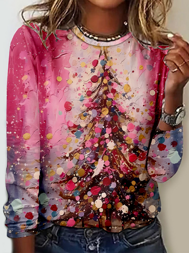 Casual Long Sleeve Crew Neck Christmas Loose Regular T-Shirt