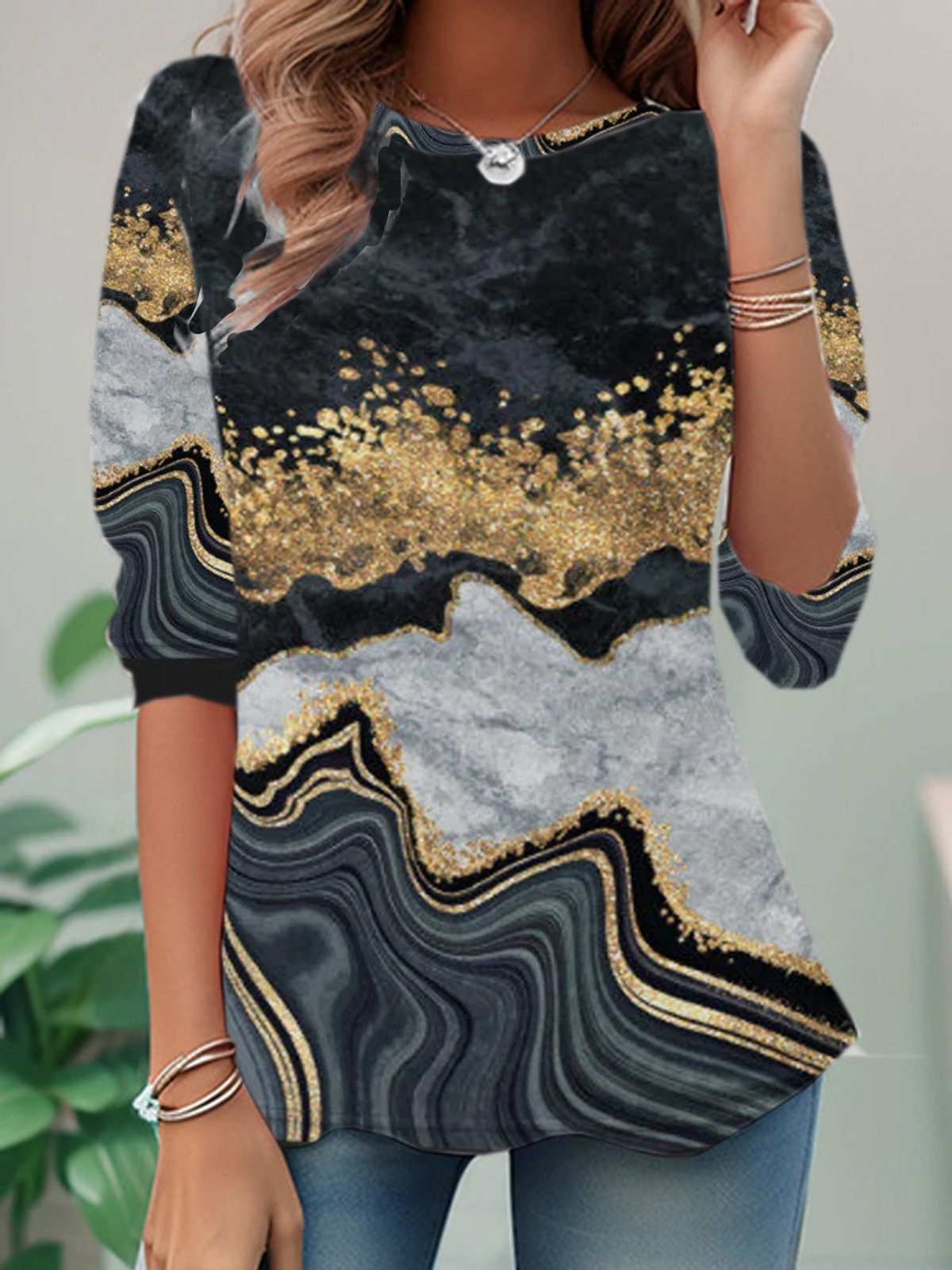 Casual Long Sleeve Crew Neck Abstract Loose Regular T-Shirt