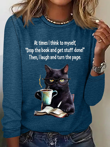 Loose Long Sleeve Crew Neck Cat Casual Regular Blouse