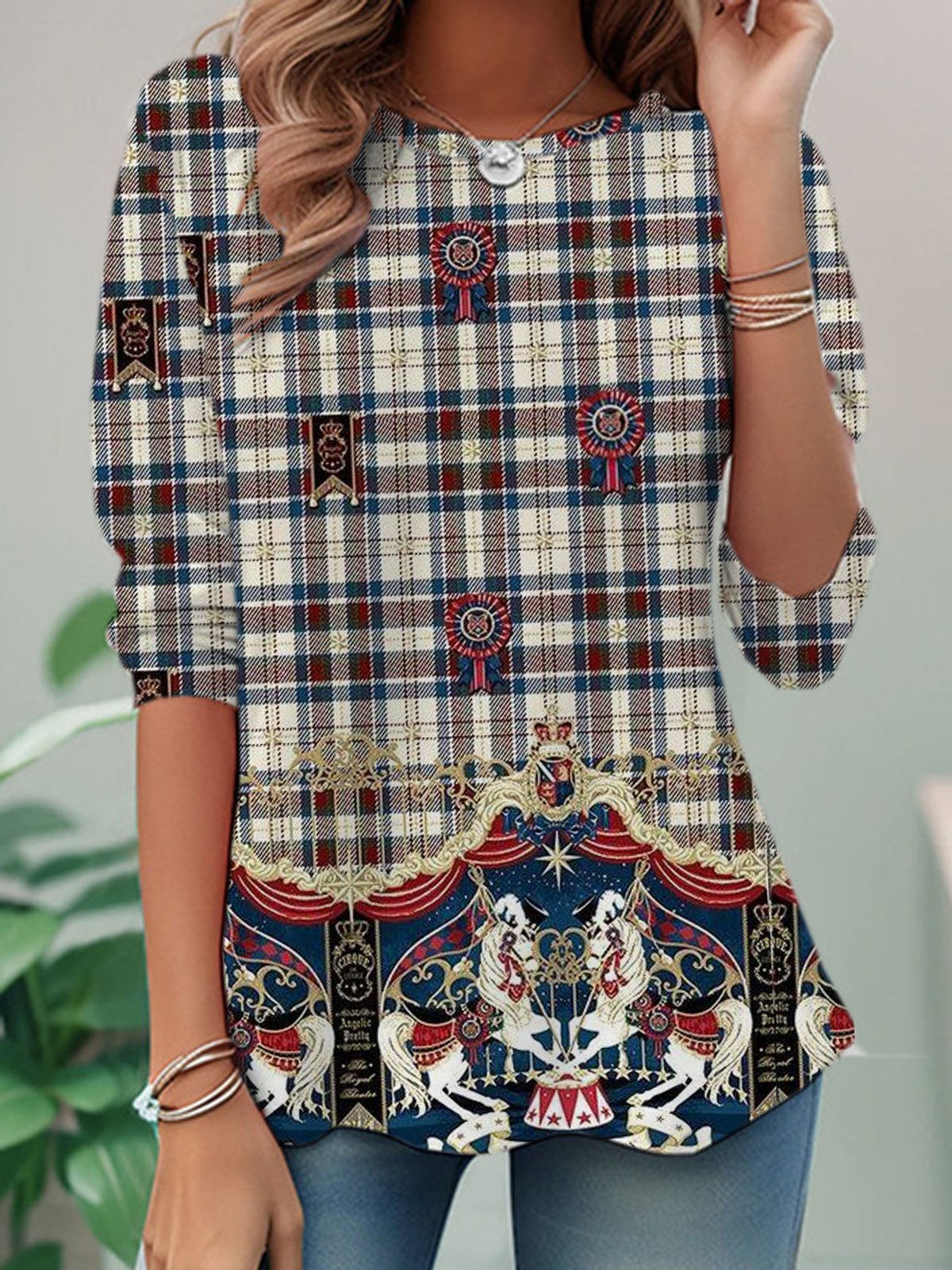 Casual Long Sleeve Crew Neck Plaid Loose Regular T-Shirt