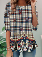 Casual Long Sleeve Crew Neck Plaid Loose Regular T-Shirt