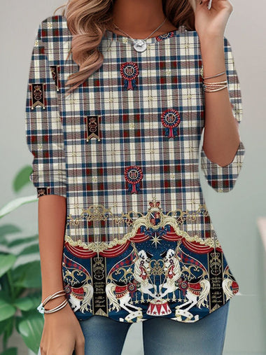 Casual Long Sleeve Crew Neck Plaid Loose Regular T-Shirt