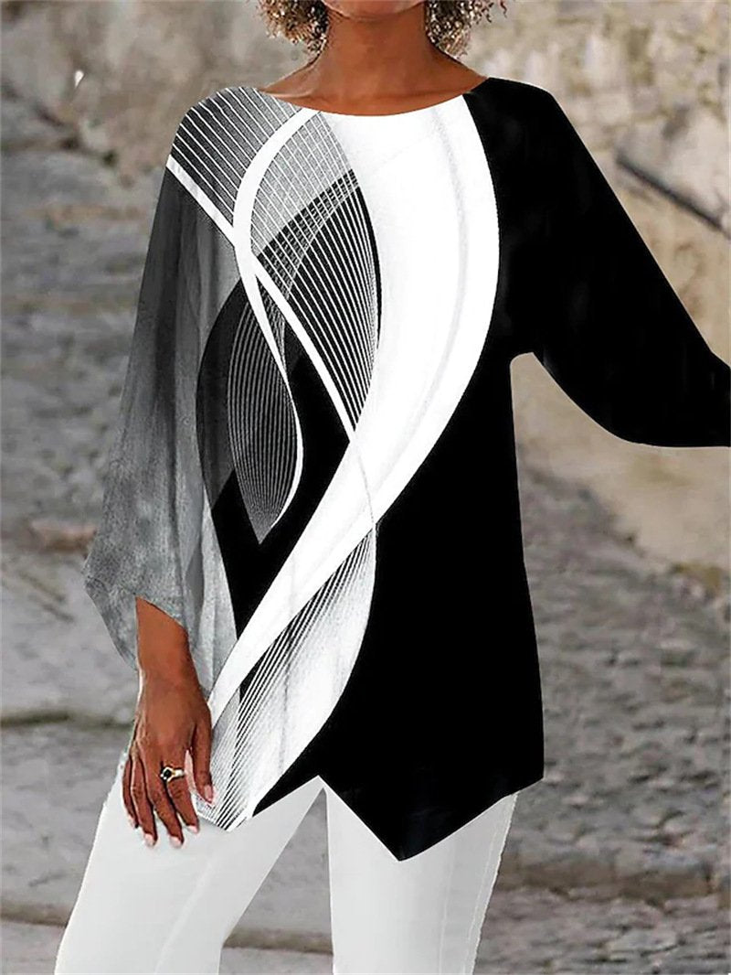 Loose Short Sleeve Crew Neck Abstract Casual Regular Blouse