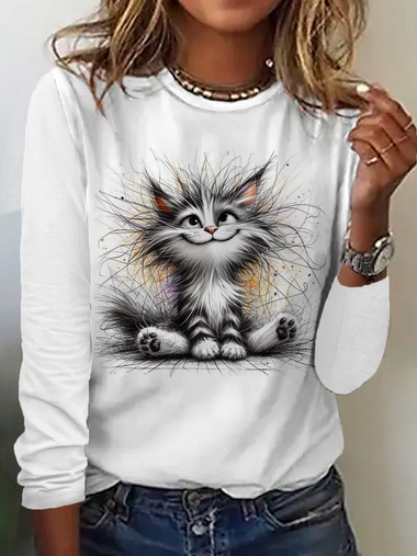 Loose Long Sleeve Crew Neck Cat Casual Regular T-Shirt