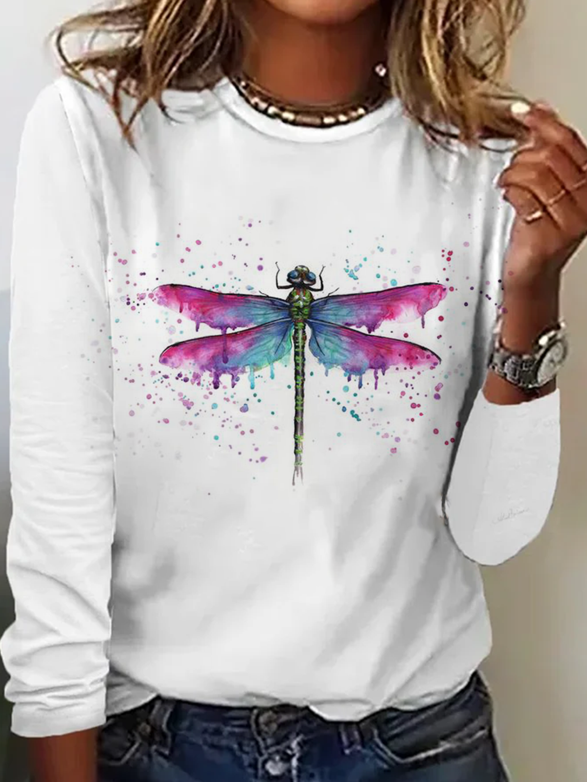 Loose Long Sleeve Crew Neck Dragonfly Casual Regular T-Shirt