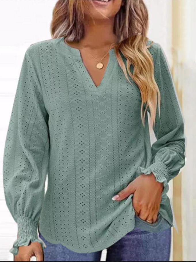 Long Sleeve V Neck Plain Casual Regular Blouse