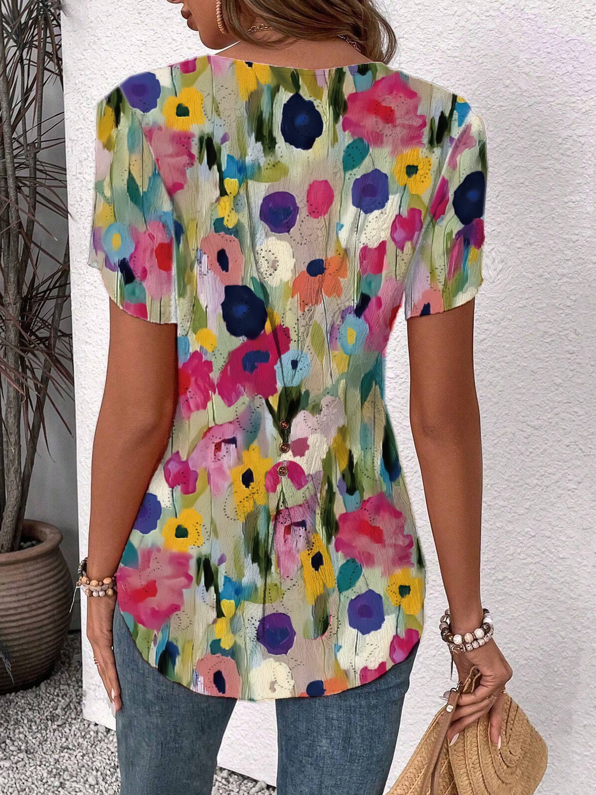 Casual Short Sleeve Crew Neck Floral Loose Regular Blouse