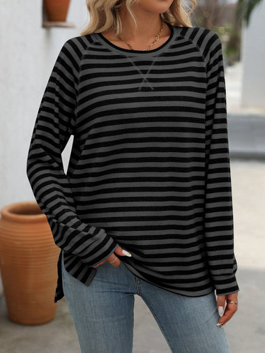 Casual Long Sleeve Crew Neck Striped Loose Regular Blouse