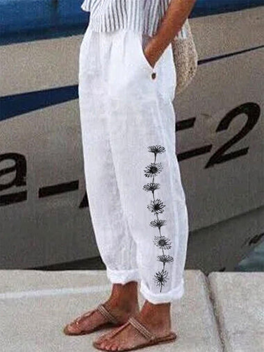 Linen Floral Pattern Loose Long Pants