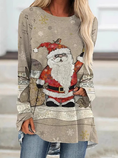 Loose Long Sleeve Crew Neck Christmas Casual Mid-Long T-Shirt