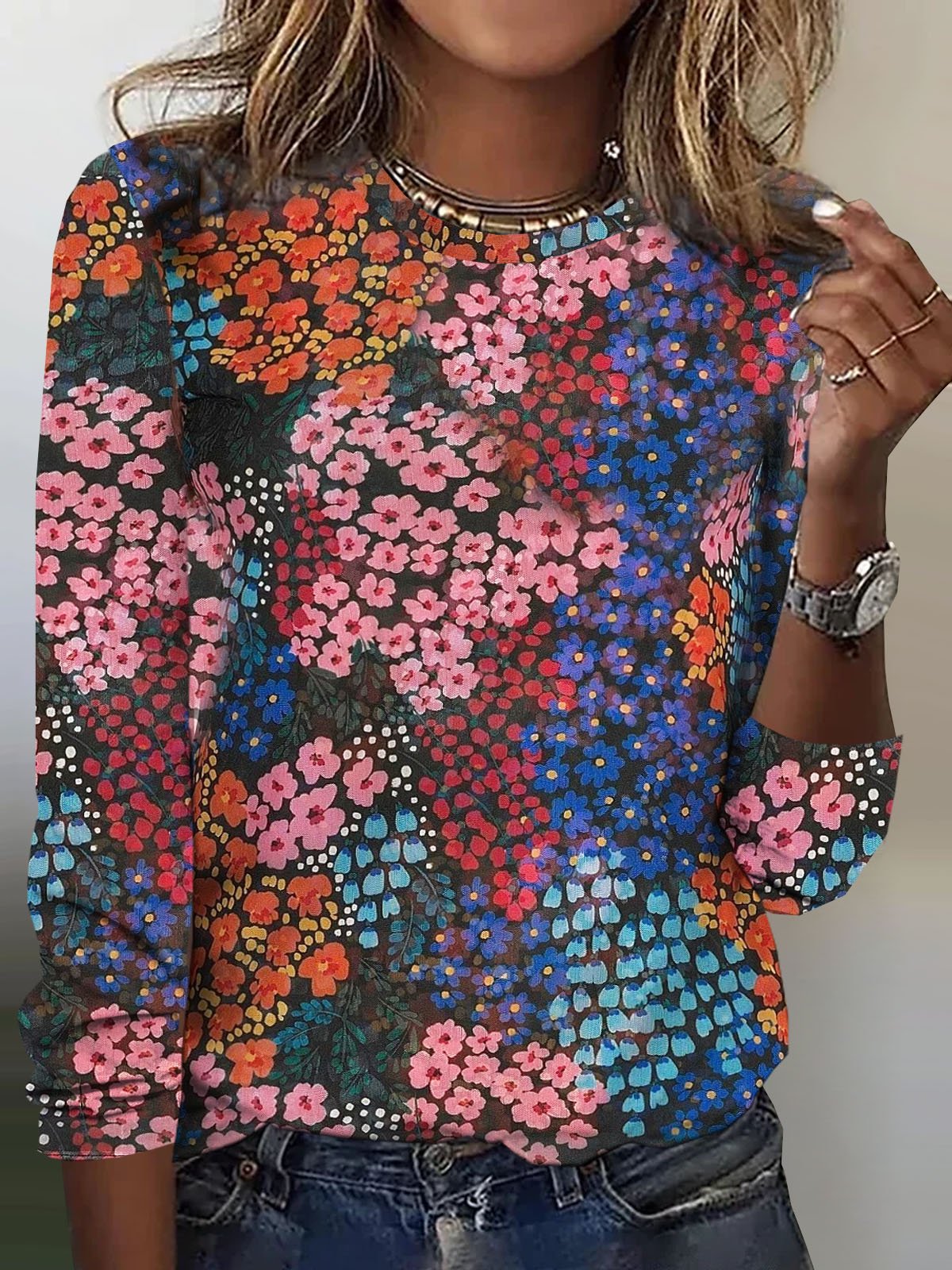 Loose Long Sleeve Crew Neck Floral Casual Regular T-Shirt