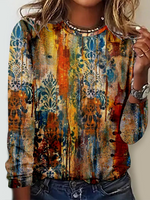 Casual Long Sleeve Crew Neck Ethnic Loose Regular T-Shirt