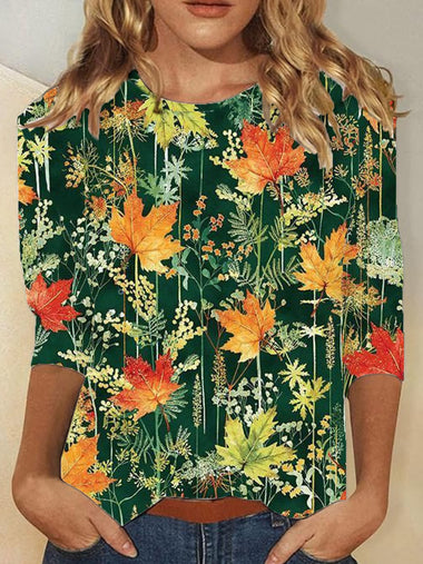 Casual Long Sleeve Crew Neck Floral Loose Regular T-Shirt