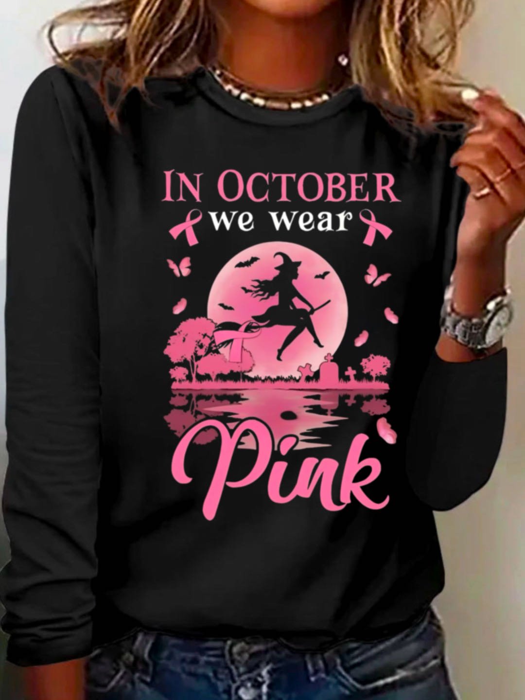 Loose Long Sleeve Crew Neck Letter Pattern Casual Regular T-Shirt