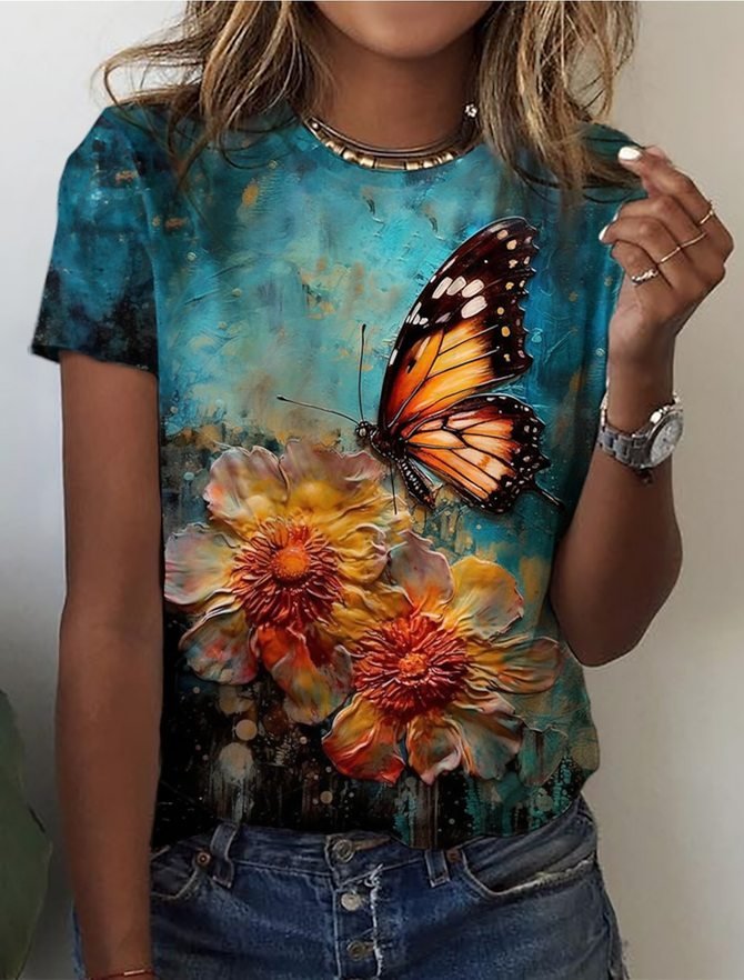 Casual Short Sleeve Crew Neck Floral Butterfly Loose Regular T-Shirt