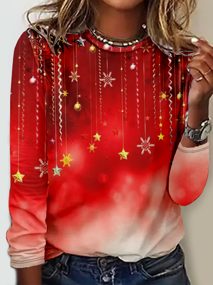 Loose Long Sleeve Crew Neck Christmas Casual Regular T-Shirt