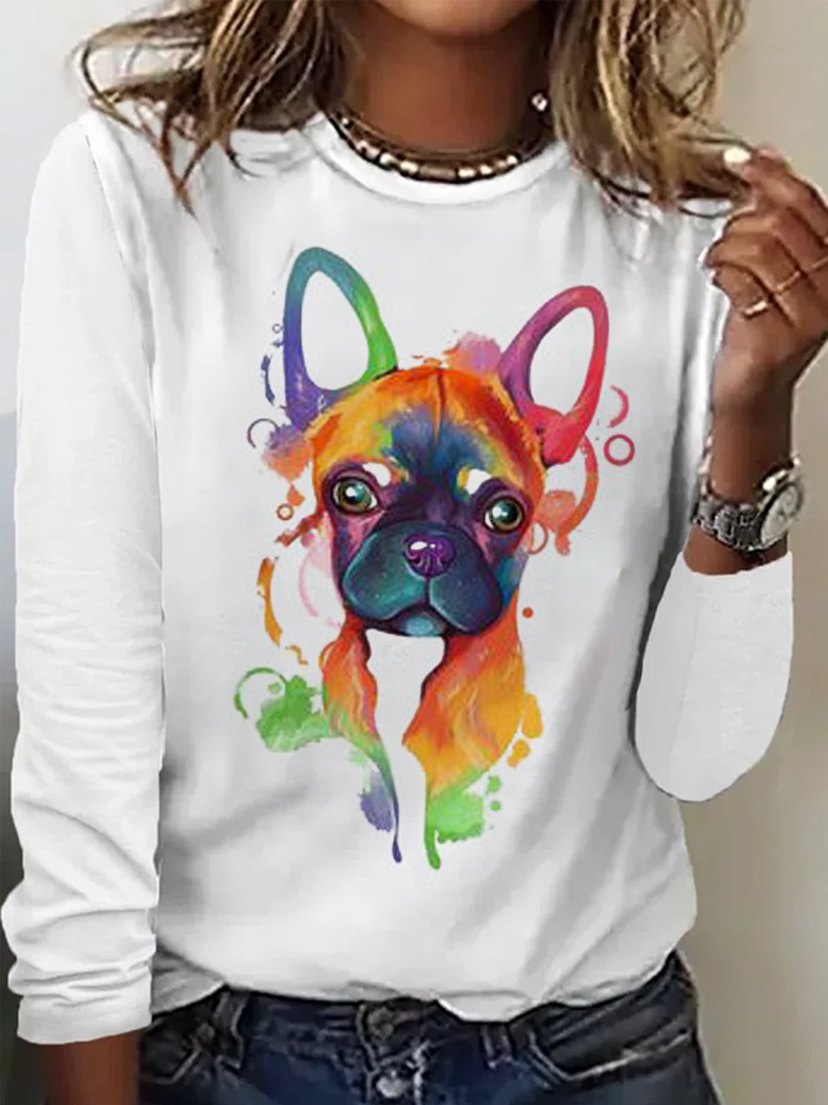 Casual Long Sleeve Crew Neck Dog Loose Regular T-Shirt