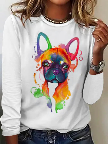 Casual Long Sleeve Crew Neck Dog Loose Regular T-Shirt