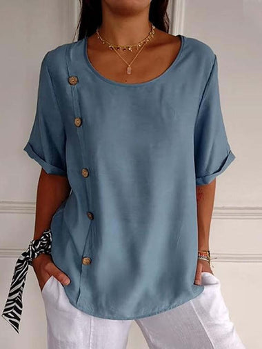 Casual Short Sleeve Crew Neck Plain Loose Regular Blouse