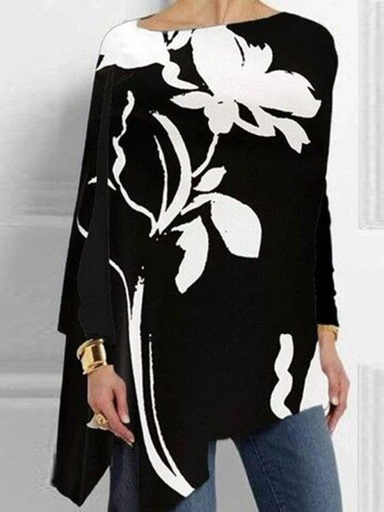Loose Long Sleeve Crew Neck Abstract Floral Casual Mid-Long Blouse