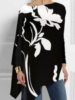 Loose Long Sleeve Crew Neck Abstract Floral Casual Mid-Long Blouse