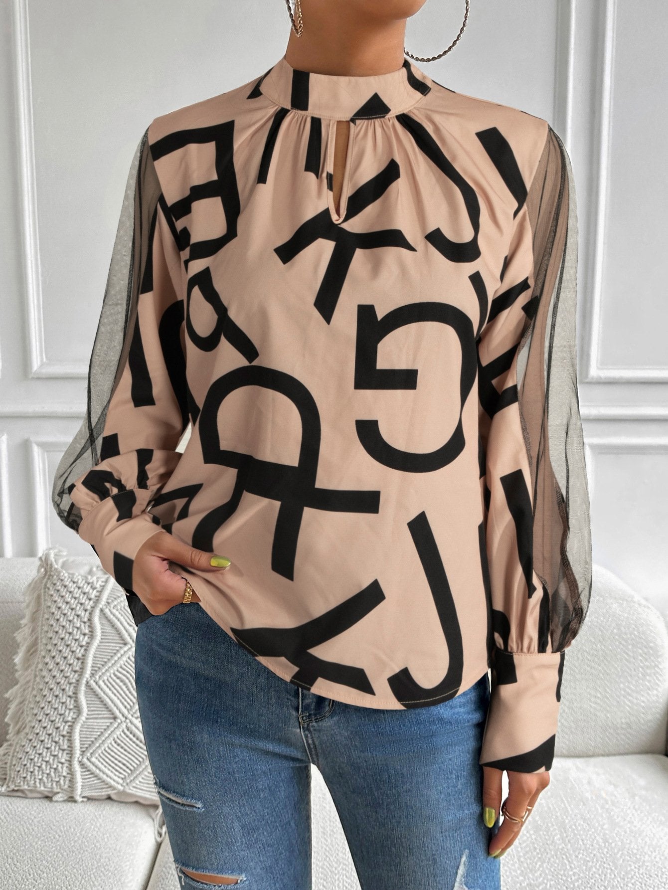Long Sleeve Stand Collar Abstract Casual Regular Blouse