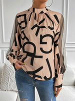 Long Sleeve Stand Collar Abstract Casual Regular Blouse