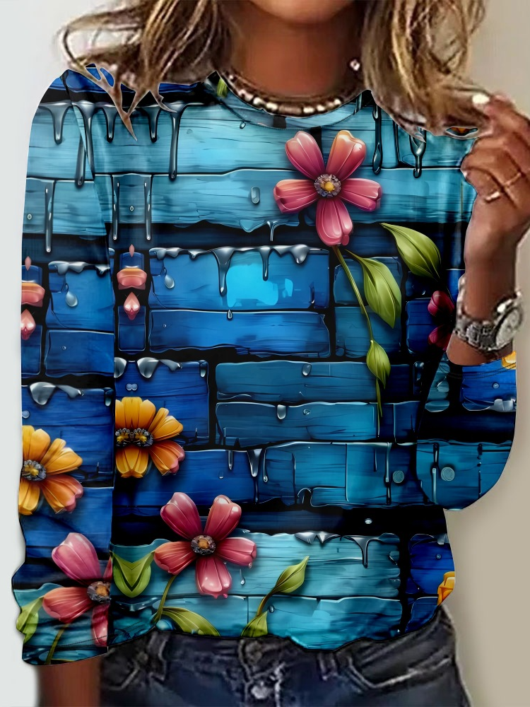 Loose Long Sleeve Crew Neck Floral Casual Regular T-Shirt