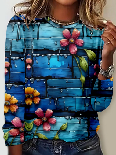 Loose Long Sleeve Crew Neck Floral Casual Regular T-Shirt