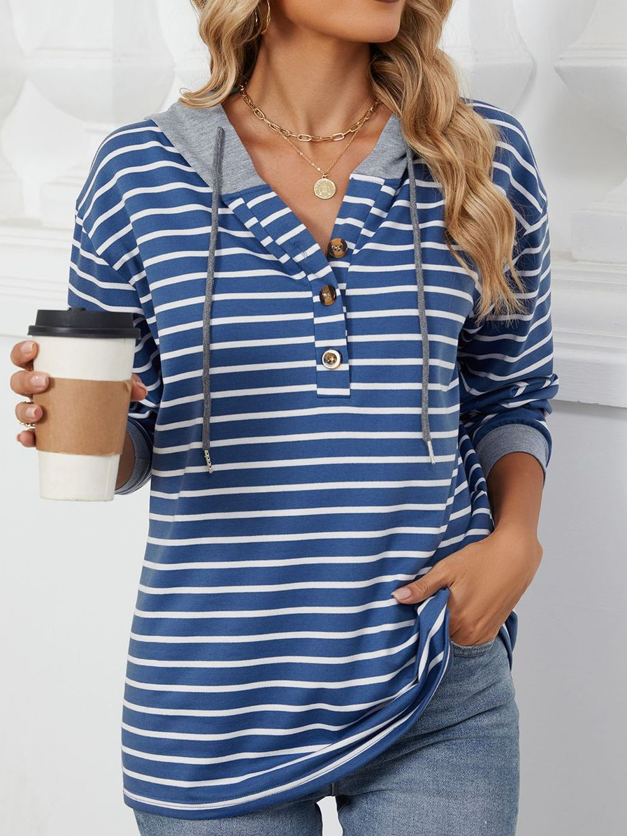 Casual Long Sleeve Hoodie Striped Zipper Loose Regular Sweatshirt