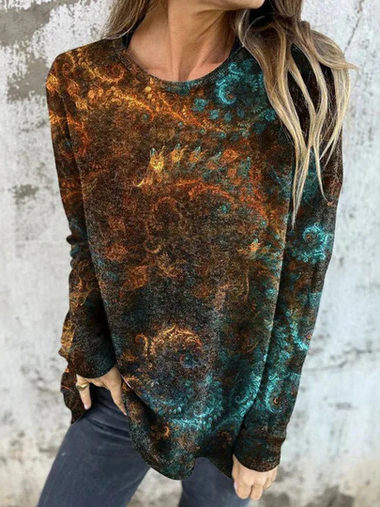 Casual Long Sleeve Crew Neck Geometric Loose Regular T-Shirt