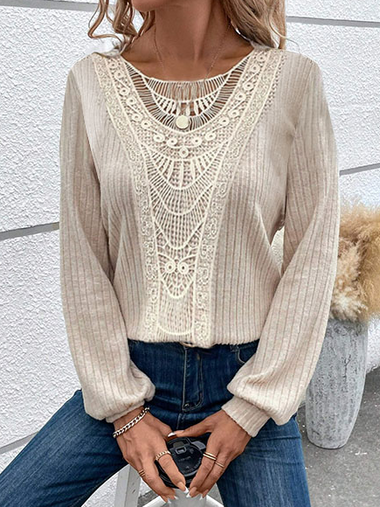 Loose Long Sleeve Crew Neck Plain Casual Regular Blouse