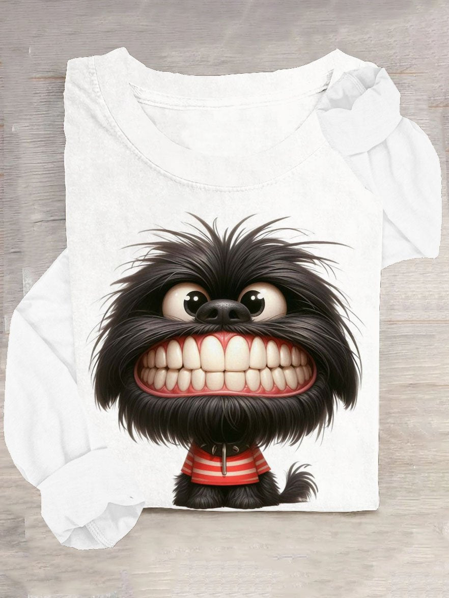 Loose Long Sleeve Crew Neck Dog Casual Regular T-Shirt
