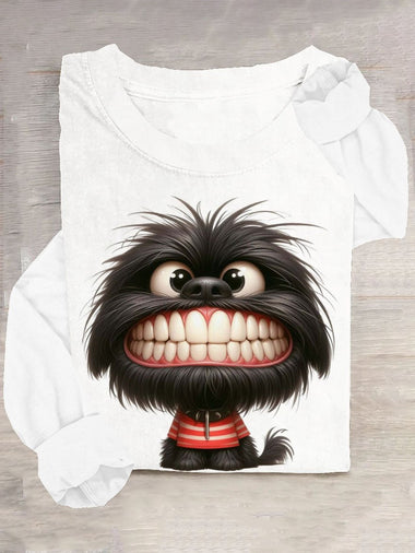 Loose Long Sleeve Crew Neck Dog Casual Regular T-Shirt