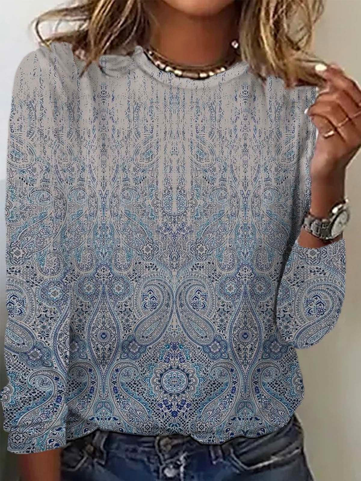 Casual Long Sleeve Crew Neck Ethnic Regular T-Shirt