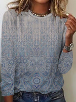 Casual Long Sleeve Crew Neck Ethnic Regular T-Shirt