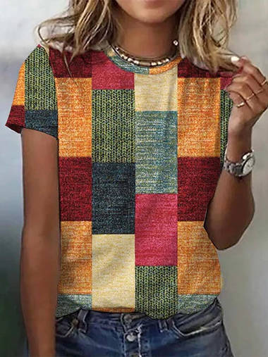 Casual Short Sleeve Crew Neck Geometric Loose Regular T-Shirt