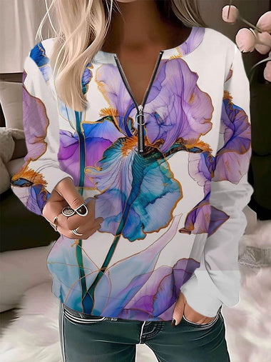 Loose Long Sleeve Crew Neck Floral Casual Regular Sweatshirt