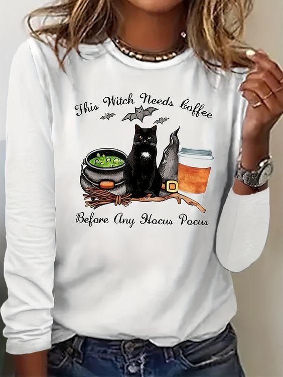 Loose Long Sleeve Crew Neck Cat Casual Regular T-Shirt