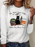 Loose Long Sleeve Crew Neck Cat Casual Regular T-Shirt